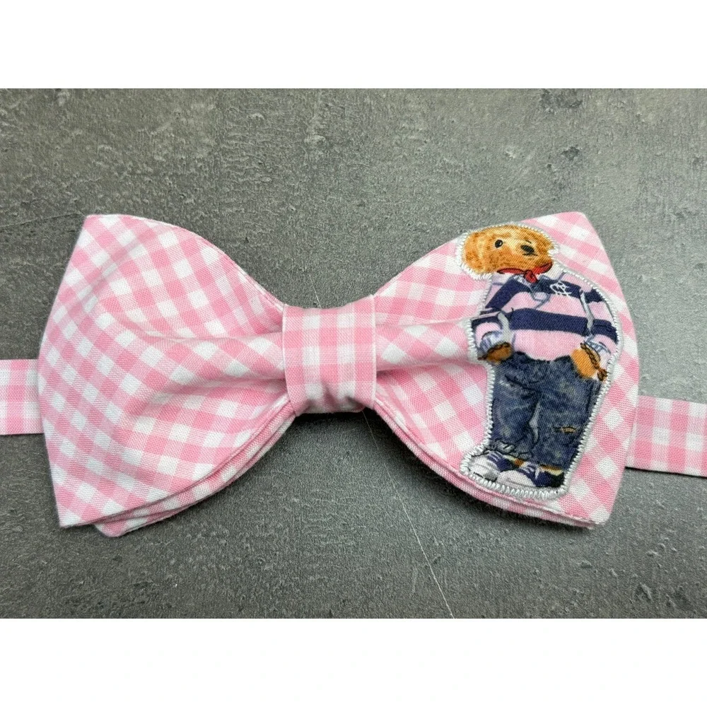 NEW Mens Jeans Bear Bow‎ tie Custom Pink Gingham Pre Tied Adjustable Gift